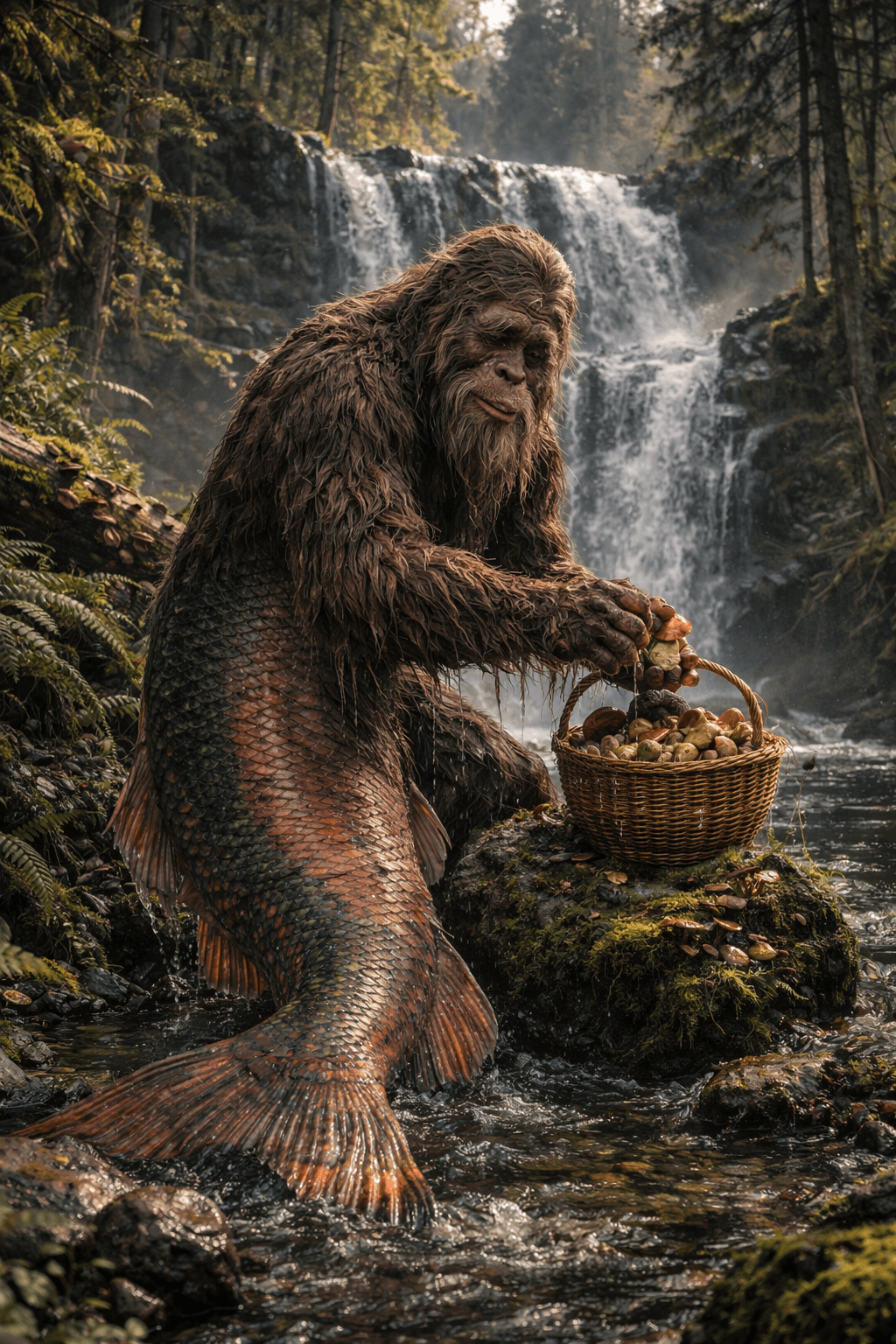 Mystical forest creature gathering mushrooms — Salmon Squatch legend art
